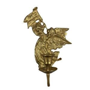 Vintage Brass Angel Wall Sconce Candle Holder Trumpet India Gold Tone 9.5 Inch